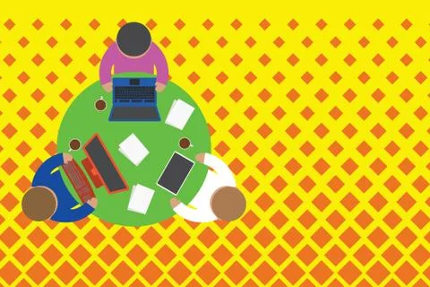 Upper view three busy office workers round table laptop personal computer tablet Stock Illustration