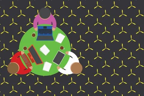 Upper view three busy office workers round table laptop personal computer tablet Stock Illustration