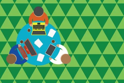 Upper view three busy office workers round table laptop personal computer tablet Stock Illustration