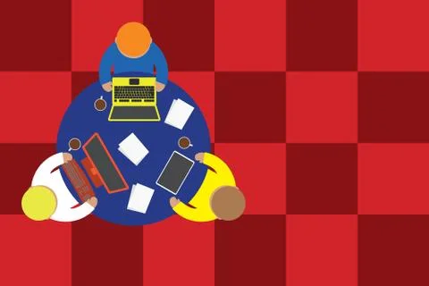 Upper view three busy office workers round table laptop personal computer tablet Stock Illustration