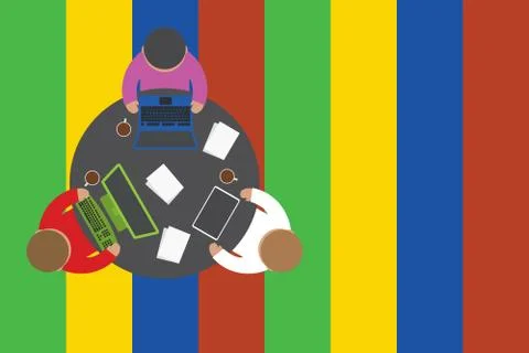 Upper view three busy office workers round table laptop personal computer tablet Stock Illustration