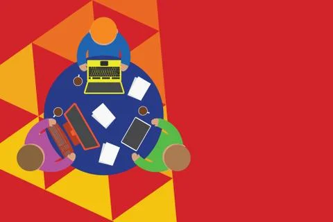 Upper view three busy office workers round table laptop personal computer tablet Stock Illustration