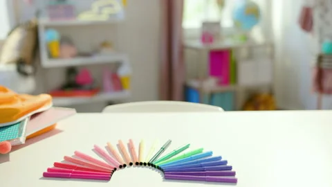 Upper view of white table at school child room in sunny day Video stock 159437294