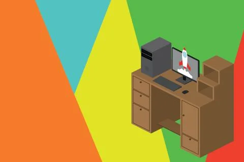 Upper view wooden working desktop station five drawers personal computer Stock Illustration