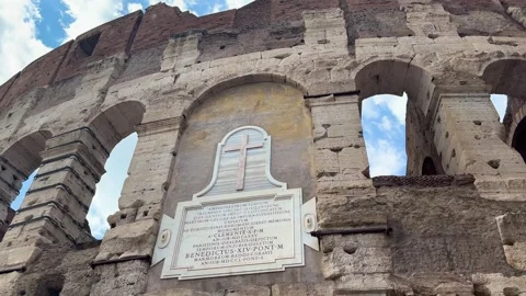 Upper wall stone inscriptions colosseum rome draws attention texture age present Stock Footage 321828590