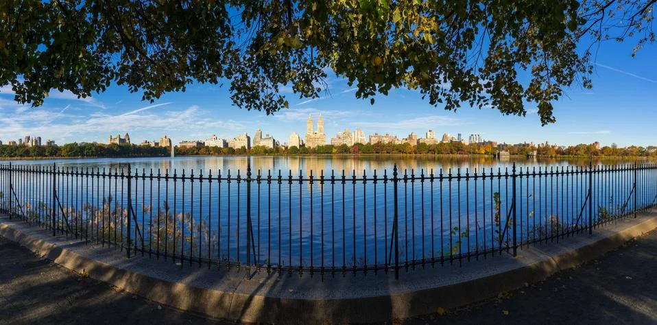 Upper West Side across Central Park Reservoir in Fall. Manhattan, New York City Stock Photos