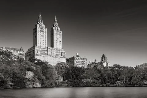 Upper West Side and Central Park Lake sunrise in Black &amp; White. New York Stock Photos