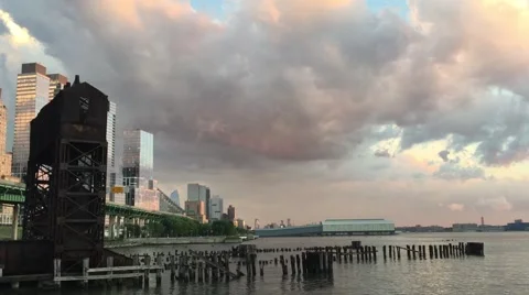 Upper West Side skyline and Hudson River with boats and Riverside Park. Piers Stock Footage 68509462