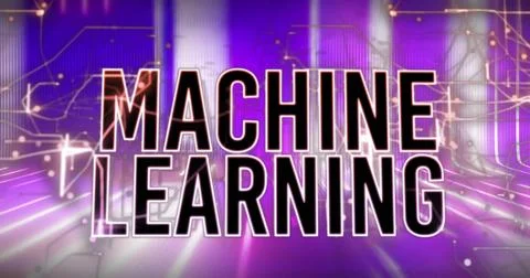 Uppercase MACHINE LEARNING text glowing in virtual space, with neon purple-pi Stock Illustration