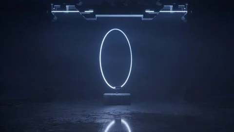 Upright neon oval turning on a base below a hanging light rig Stock Footage 346781170
