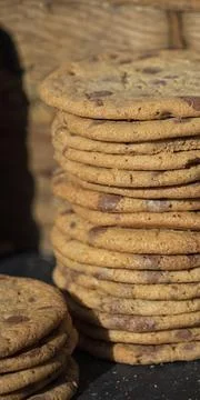 Upright panorama of a stack of  chocolate  chip cookies 스톡 사진