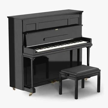 Upright Piano Black with Bench 3D Model