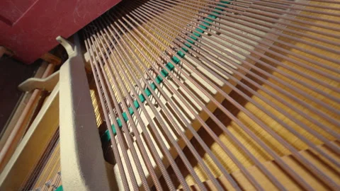 Upright Piano Internal Strings and Soundboard | Aged Musical Instrument Stock Footage 330624009