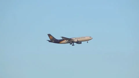 UPS cargo mail plane final approach landing Boston Mass. USA July 16 2025 Stock Footage 313401743