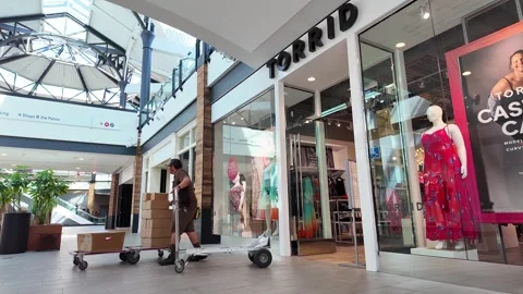 UPS driver making delivery in Valencia Town Center at Torrid department store Stock Footage 277234128