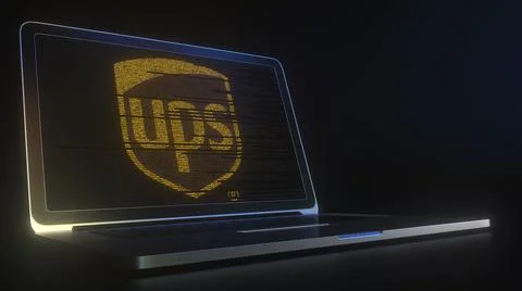 UPS logo made with computer code on the laptop screen. Editorial conceptual 3d 库存插图