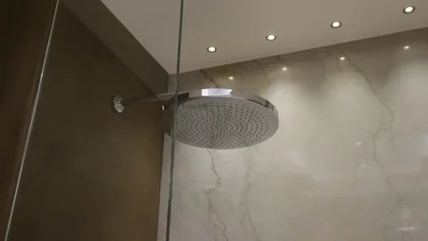Upscale bathroom featuring tropical shower. Large stainless steel head mounted Stock Footage 262274451