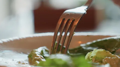 Upscale leafy salad. Detailed shot of fork piercing fresh lettuce with basil Vidéo 345169908