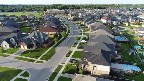 Upscale Middle Class Homes Golden Hour Sunshine Sunrise Forward Aerial Stock Footage 254354800