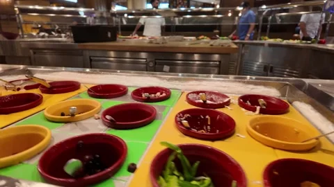 Upscale Salad and Fruit Bar Buffet in Busy Restaurant Setting Stock Footage 318370858