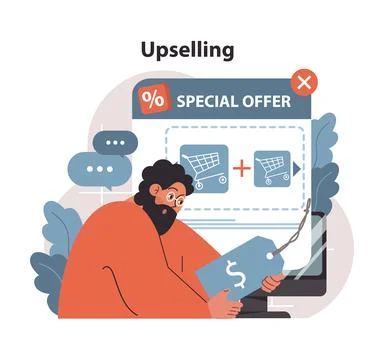 Upselling concept. Engrossed man analyzing a digital special offer, keen to add Stock Illustration