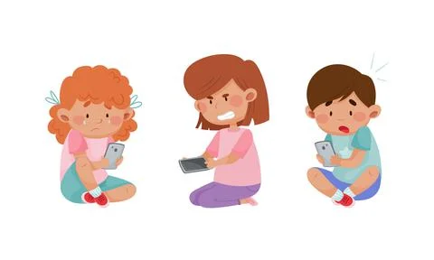 Upset and angry kids using mobile phones. Internet and smartphone addiction Stock Illustration