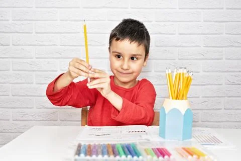 Upset boring schoolboy doing homework. Education, school, learning difficulties 스톡 사진