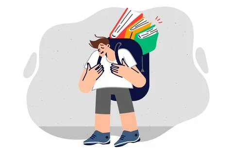 Upset boy with books in backpack suffers from complex educational program in Stock Illustration