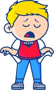Upset Boy Showing Empty Pockets and Financial Poverty Stock Illustration