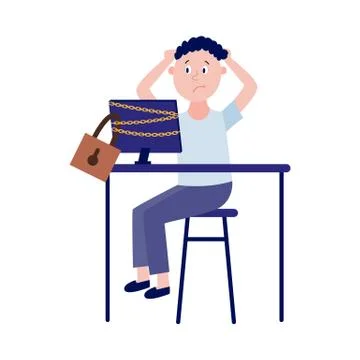 Upset boy sitting at table with chain-bound and locked computer monitor in flat Stock Illustration