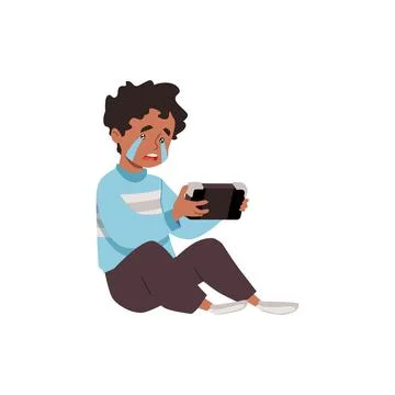 Upset boy using tablet device, smartphone, crying child with gadget, vector Stock Illustration