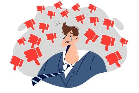 Upset businessman crying needing support after bankruptcy, stands among fingers Stock Illustration
