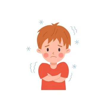 Upset child boy in red t-shirt having chills flu symptom flat style Illustrazione stock