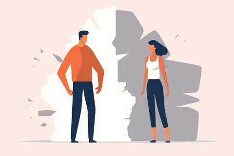 Upset couple separated by wall after breakup struggle. Vector illustration Stock Illustration