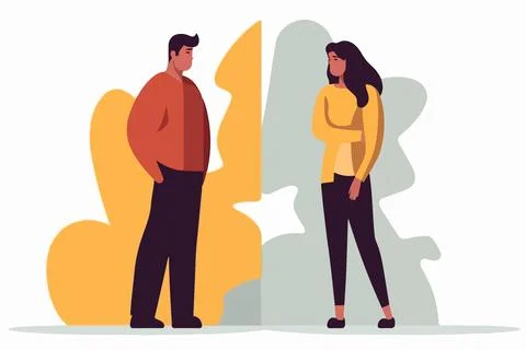 Upset couple separated by wall after breakup struggle. Vector illustration Stock Illustration