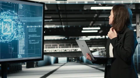 Upset data center female technician struggling to make AI optimize rigs Stock Footage 329328557