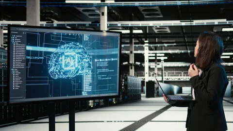 Upset data center female technician struggling to make AI optimize rigs Stock Footage 329330126