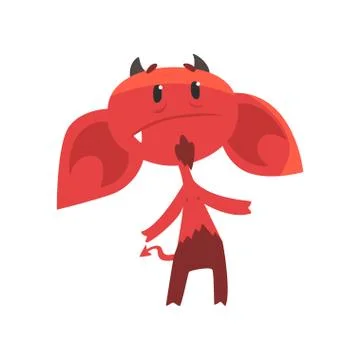 Upset devil character with big drooping ears, horns, tail and beard. Comic red イラスト素材