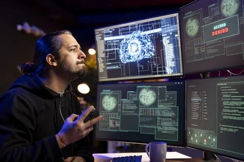 Upset hacker getting access denied error while doing computer sabotage using AI 스톡 사진