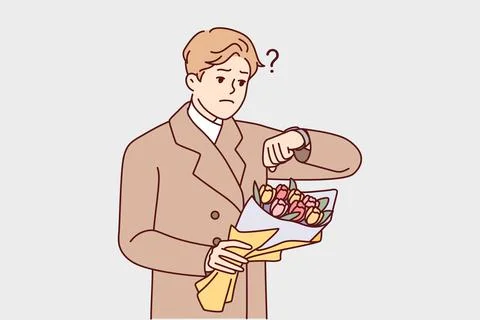 Upset man with flowers wait for date Illustrazione stock