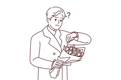 Upset man with flowers wait for date Illustrazione stock