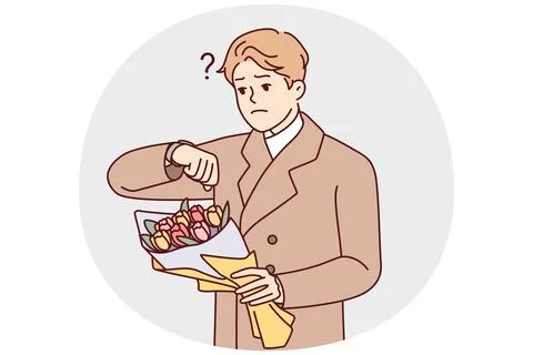 Upset man with flowers wait for date Illustrazione stock