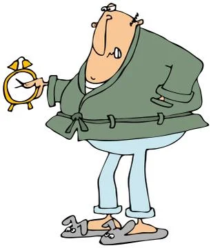Upset man looking at alarm clock Illustrazione stock