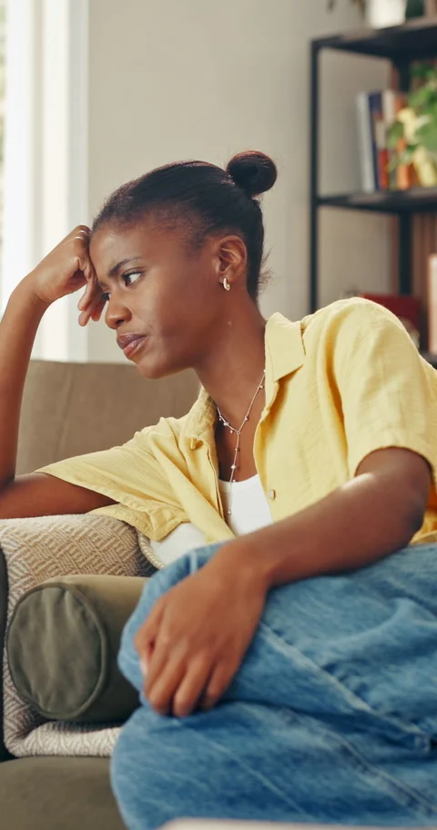 Upset, notification and woman on sofa with phone, bad news or rejection email Stock Footage 337500611
