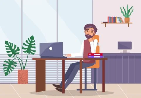 Upset office worker sits at table with laptop, folders, panoramic window, potted Stock Illustration
