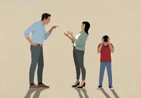 Upset son with head in hands next to arguing parents on beige background Stock Illustration