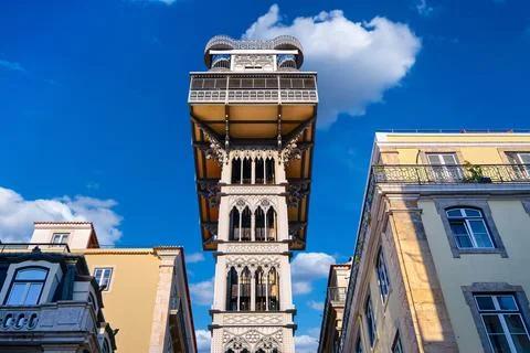Upshot of Santa Justa elevator under blue sky, Lisbon, Portugal on sunny day 스톡 사진