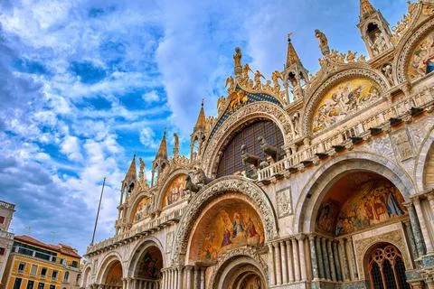 Upshot view of main facade of St Mark's cathedral, Venice. Italy. UNESCO World Stock Photos