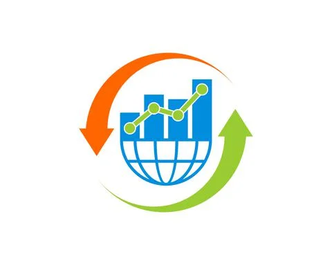 Upside down arrow with abstract globe and financial char bar Stock Illustration