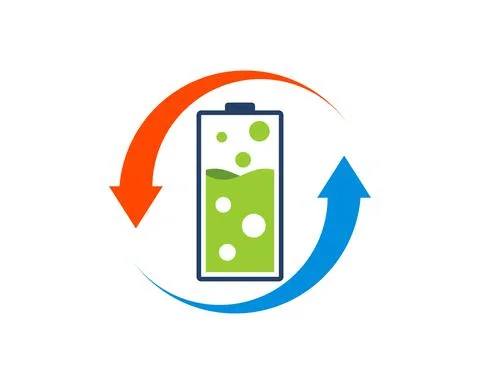 Upside down arrow with electrical battery and green liquid Stock Illustration